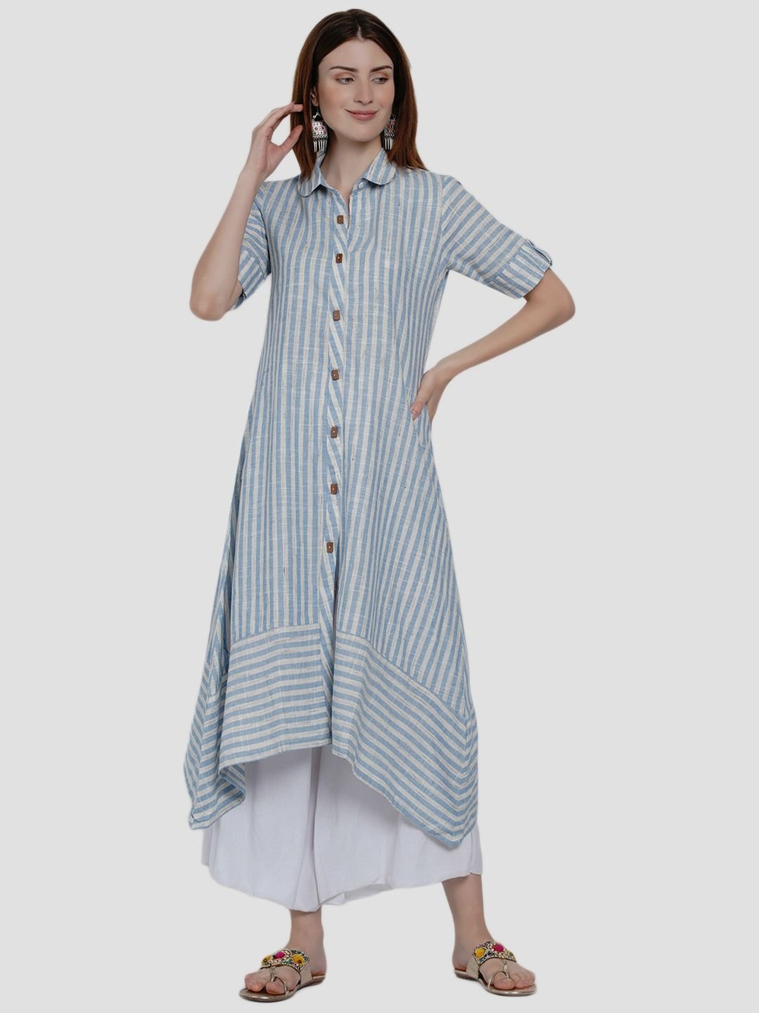 Women Republic Blue Cotton Striped A Line Kurta