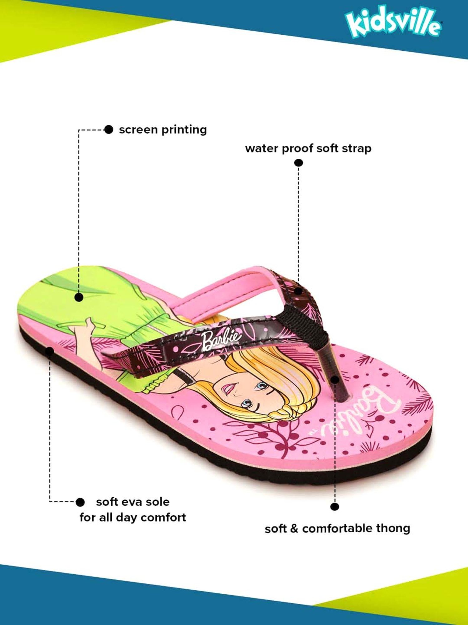Kidsville Barbie Printed Pink & Green Flip Flops