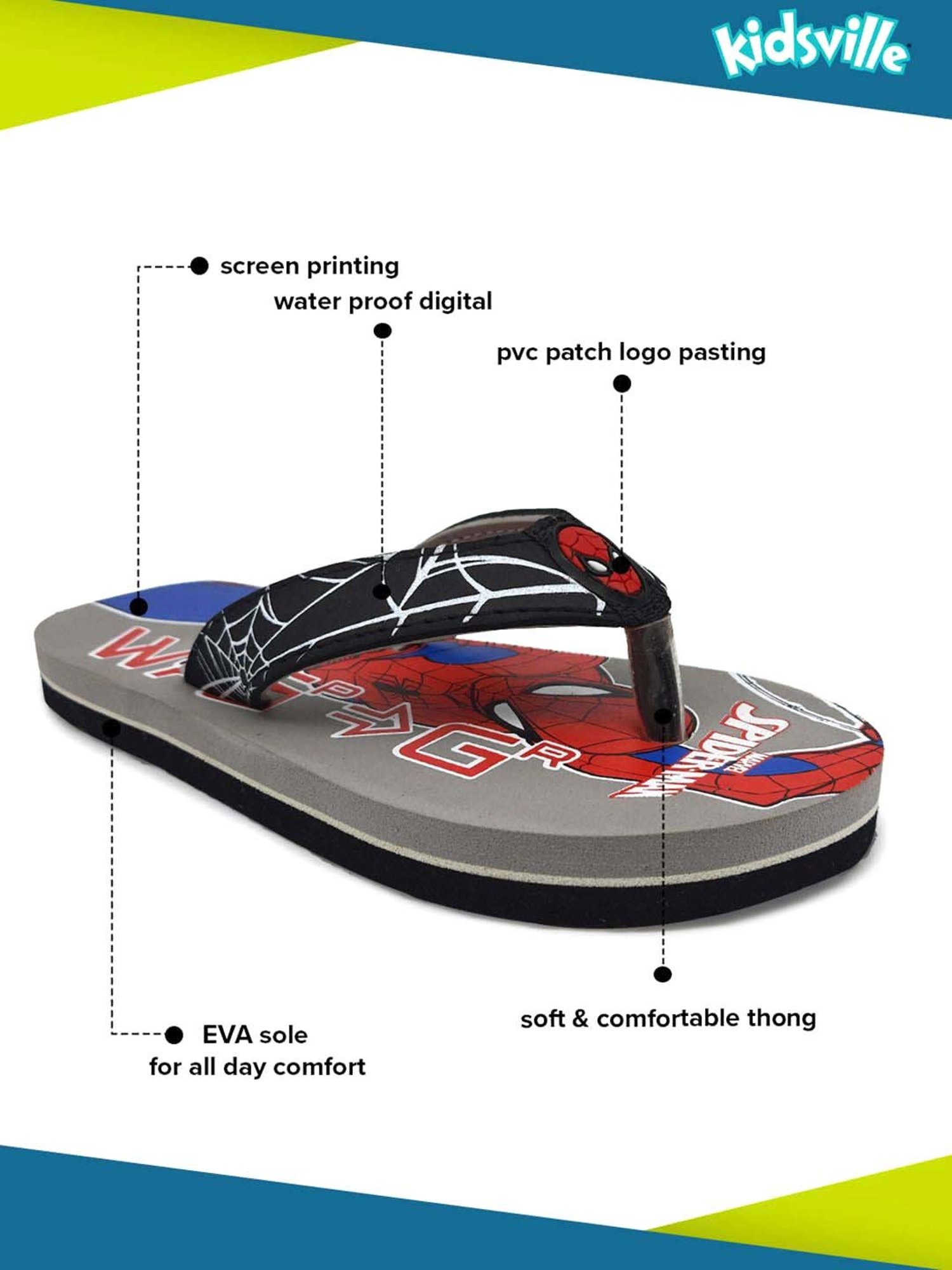 Kidsville Spiderman Printed Grey & Red Flip Flops