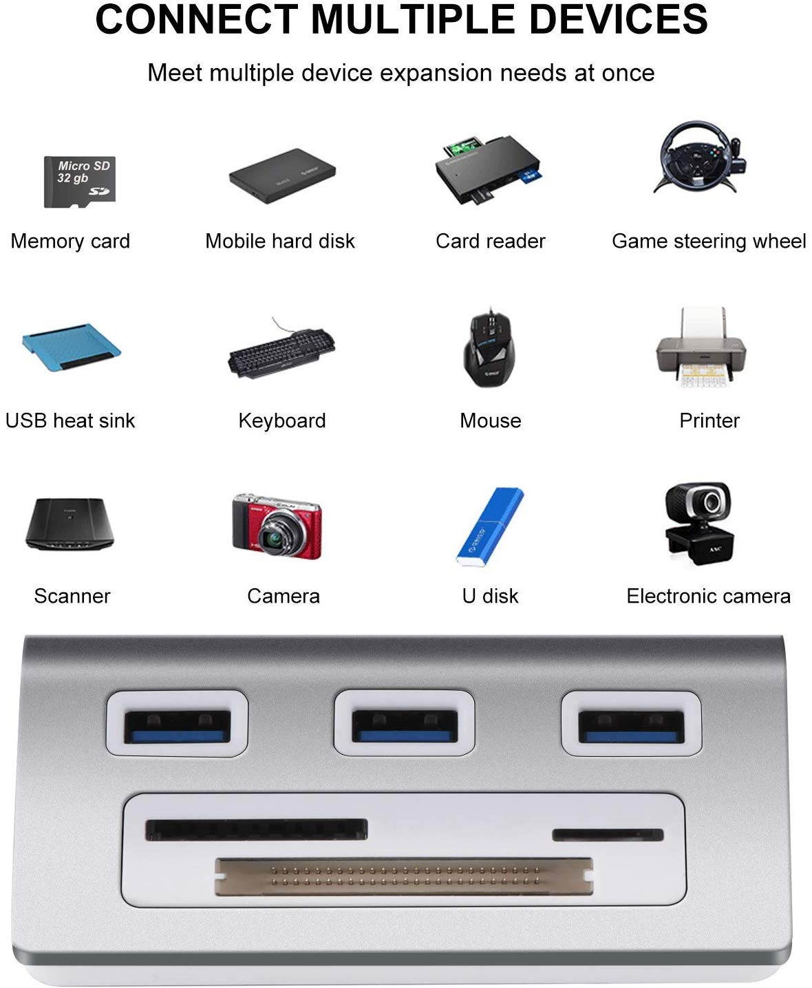 6-in-1 USB 3.0 Card Reader, Aluminum Data USB 3.0 Hub with 3 High-Speed Ports and 1 CF/SD/TF Card Reader, 12" USB Cable for Mac Pro, iMac, MacBook, Laptop and Desktop PC
