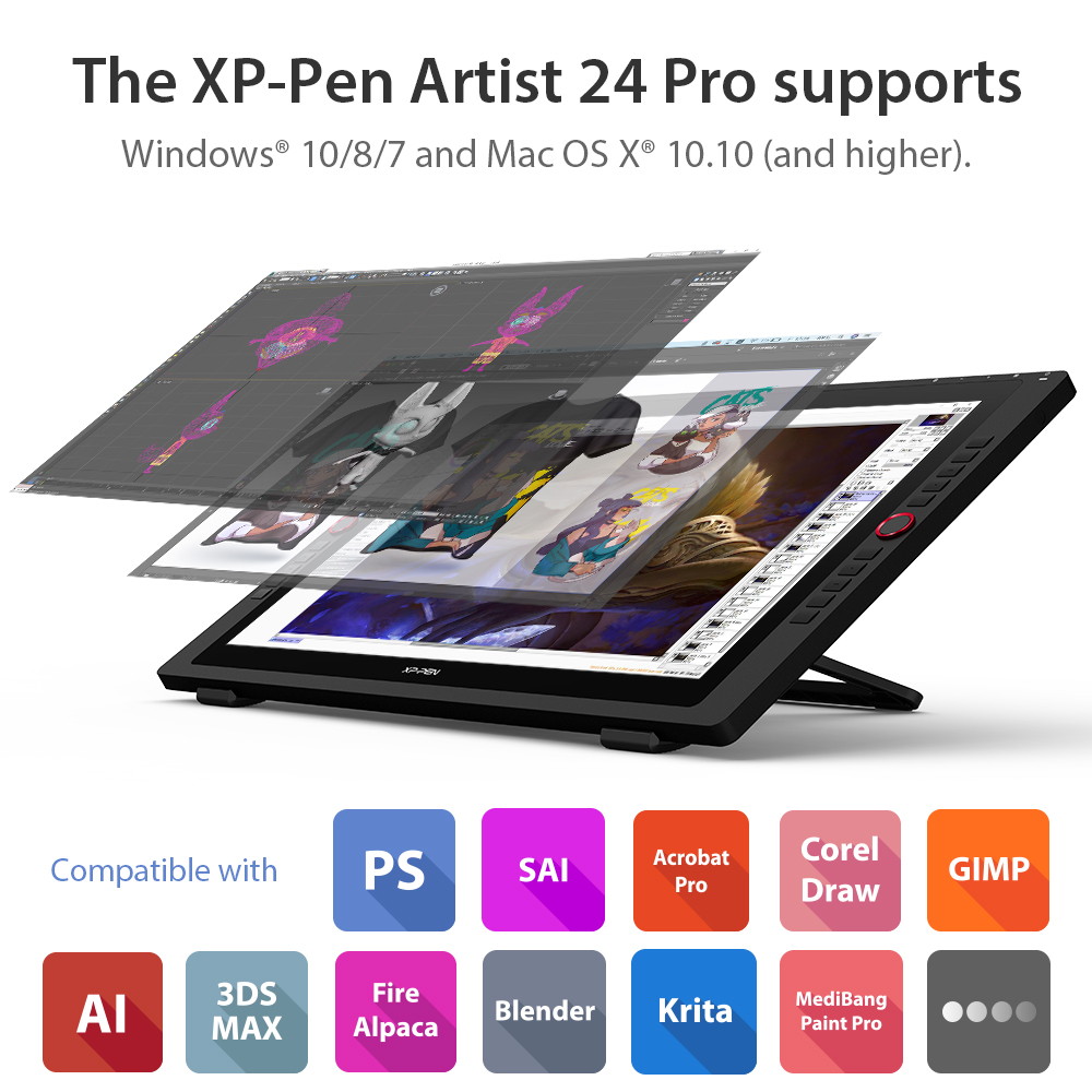 XP-PEN Artist24 Pro Drawing Monitor 24 Inch Pen Display Graphic Monitor QHD 2K Monitor with Two Red Dial Wheels and 20 Express Keys Battery-Free Stylus Tilt Supported 90% Adobe RGB