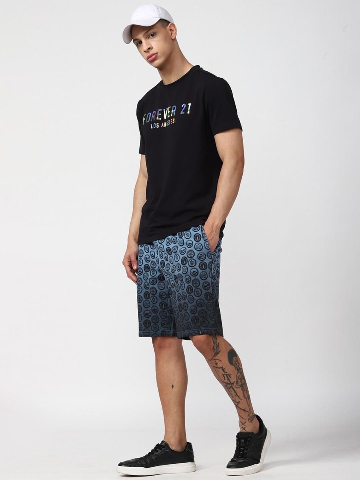 Forever21 Navy Cotton Regular Fit Printed Shorts