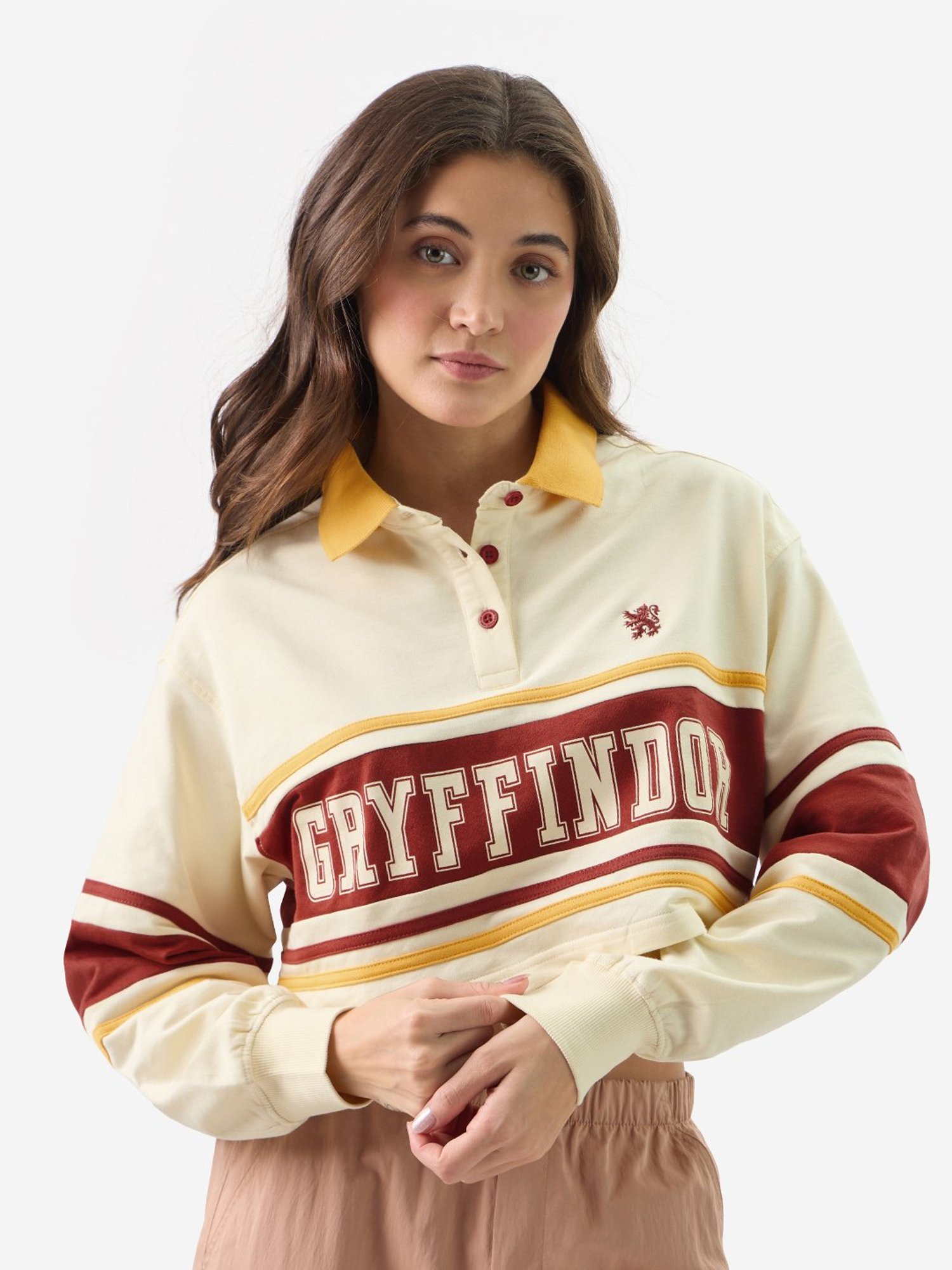 The Souled Store White & Brown Cotton Graphic Print Crop Sweatshirt