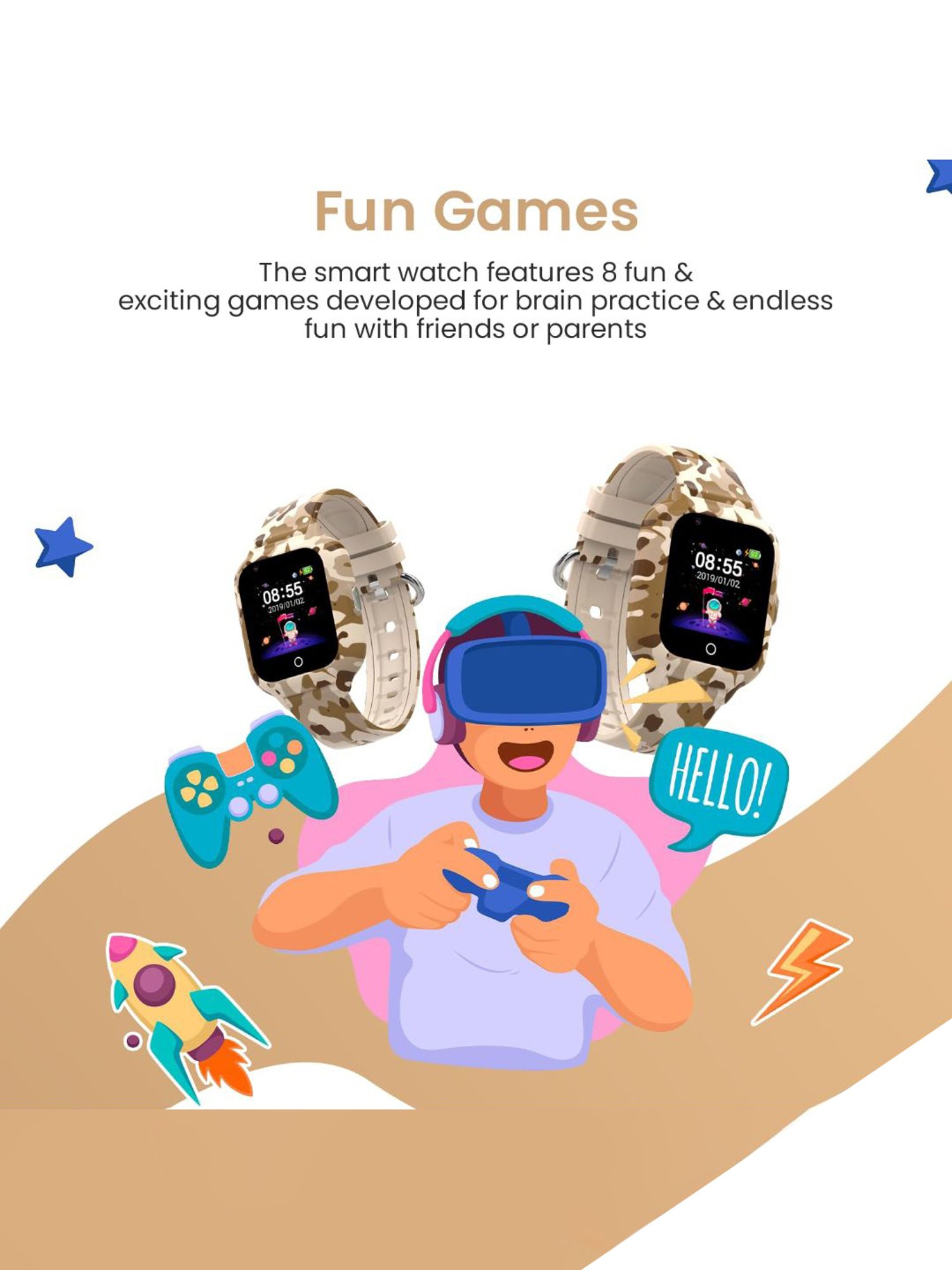 Turet Smartwatch for Kids with Camera, Games, Recorder, Sim Enabled 2-Way Calling (Miletary)