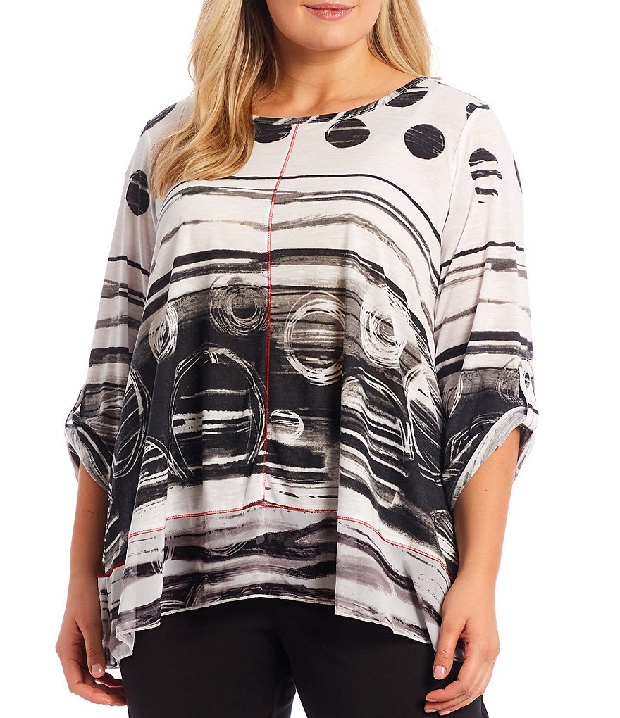Ali Miles Plus Size Abstract Dot Print Knit Crew Neck 3/4 Roll-Tab Sleeve Tunic