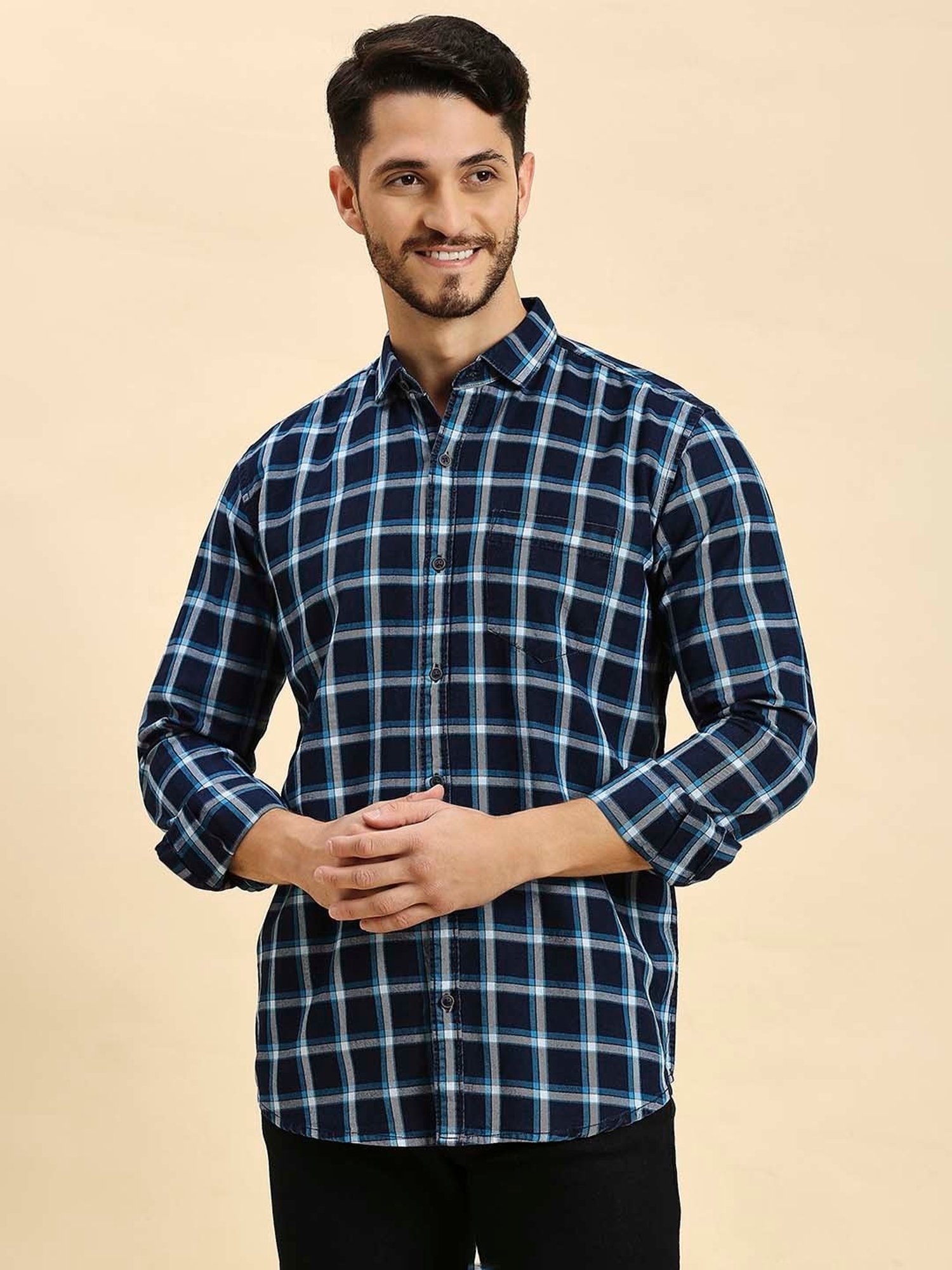 HJ HASASI Navy Slim Fit Check Cotton Shirt