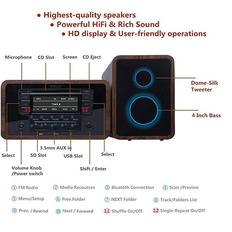 Stereo Shelf System Powered with Bookshelf Speakers RMS 2X 25W for Home Audio Entertainment with CD Player and Bluetooth/FM Radio/USB/SD/AUX,Remote Control