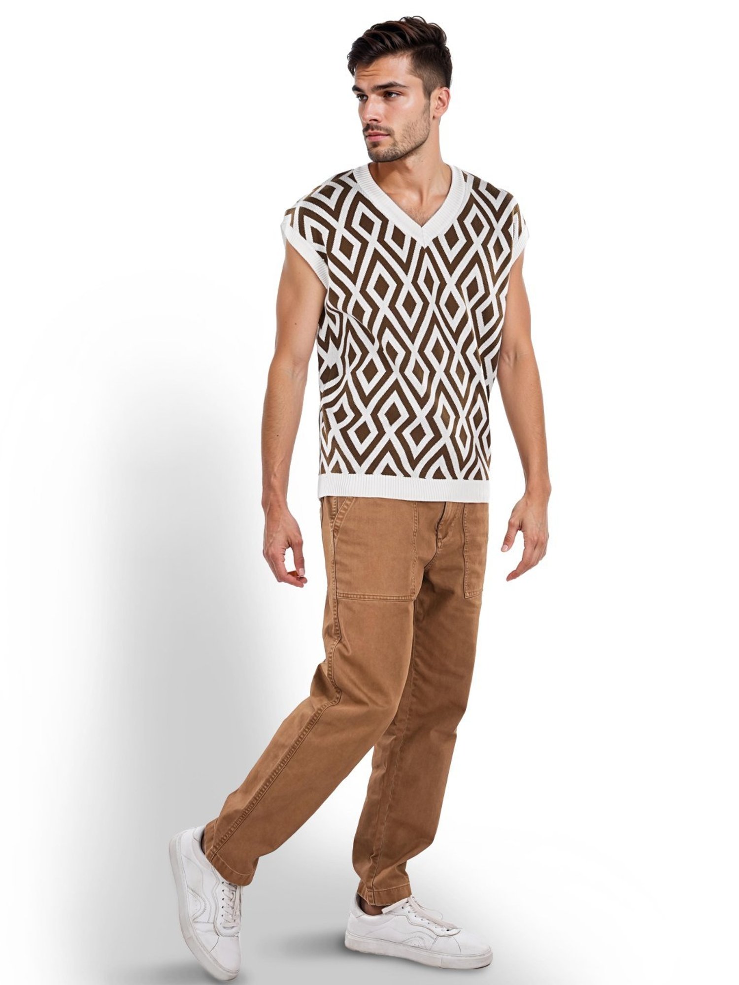 Celio* Olive Regular Fit Printed Sweater