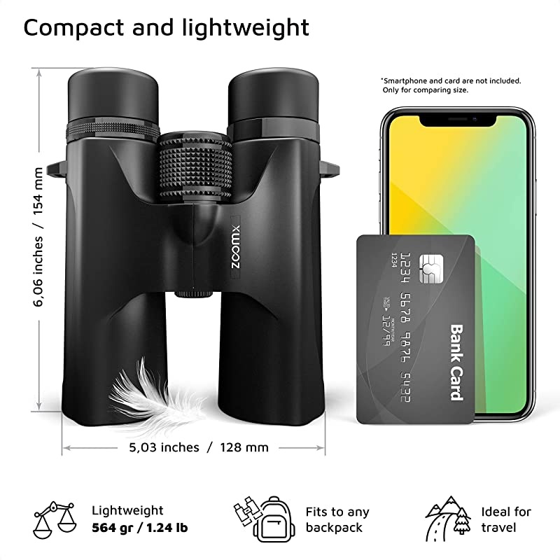 ZoomX Binoculars for Adults 10x42 Waterproof Lightweight Compact Binocular Prism BAK4 FMC Lens HD Binoculars for Bird Watching Hunting Traveling with Smartphone Adapter Carrying Bag Black