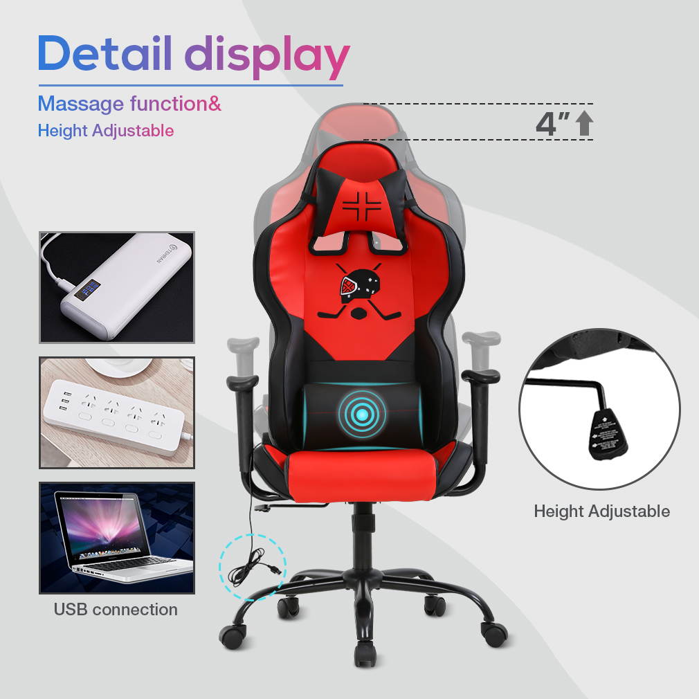Gaming Chair Massage Office Chair Ergonomic Desk Chair with Lumbar Support Headrest Armrest Task Rolling Swivel PC E-Sports Racing Chair PU Leather Adjustable Computer Chair for Men(Red)