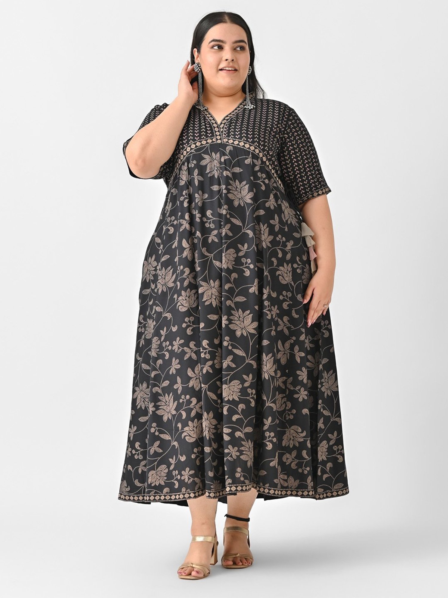 Rustorange Black Floral Print Ethnic Dress