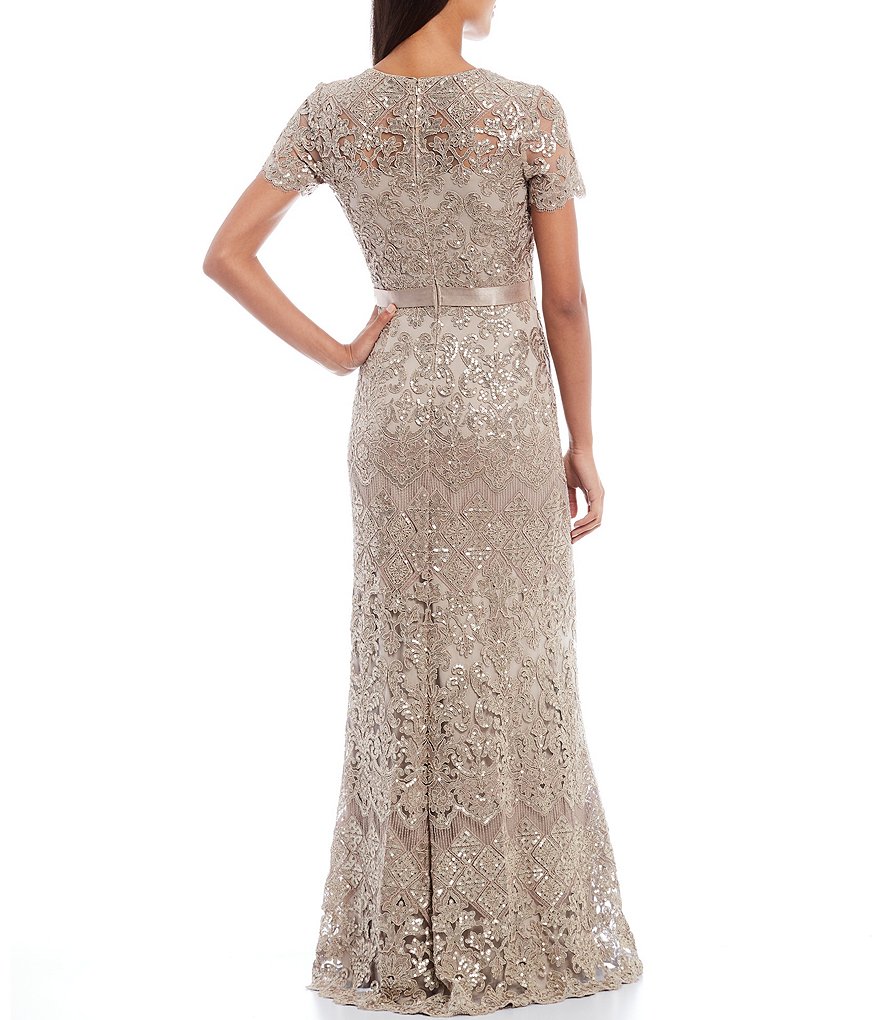 Tadashi Shoji Illusion Crew Neck Short Sleeve Ribbon Waist Sequin Lace Gown