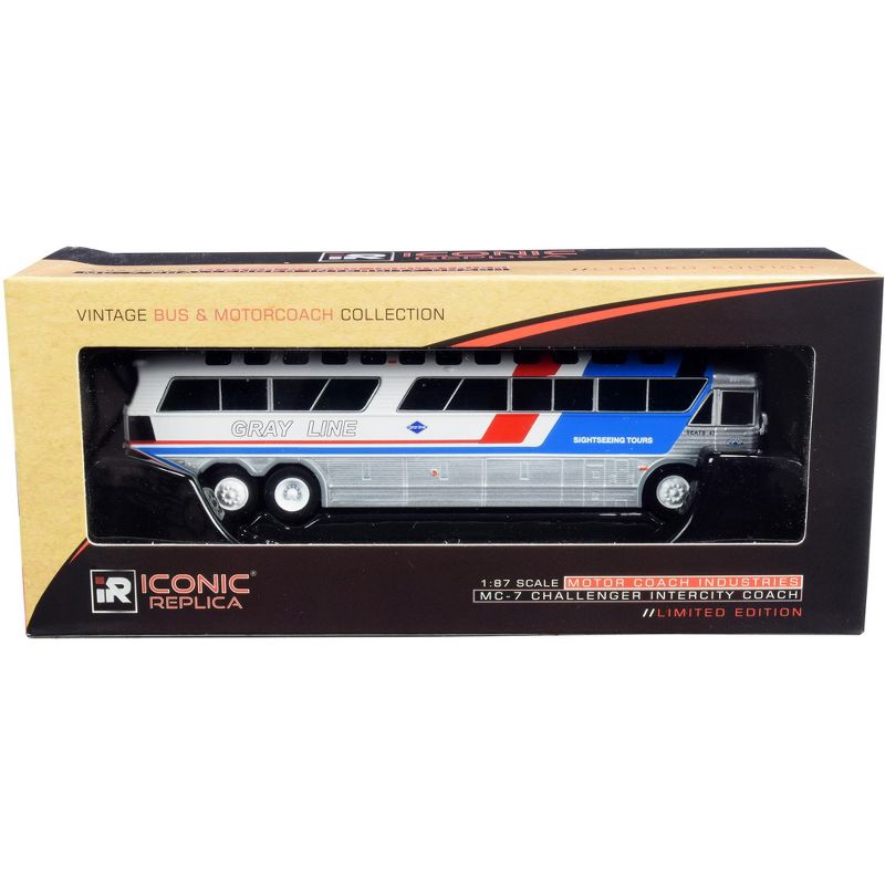 1970 MCI MC-7 Challenger Intercity Bus "City Tour" Sightseeing Tours "Gray Line" White & Silver 1/87 HO Diecast Iconic Replicas