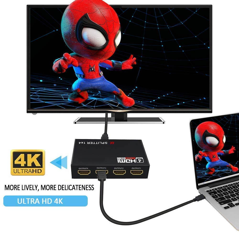 HDMI Splitter 1 in 2 3 4 Out 4K@30HZ, CORN 4K V1.4 HDCP Powered Hdmi Video Splitter with AC Adaptor 1 Input to 4 Outputs, Supports 3D 4K HD1080P for PS4 XboxRoku Blu-Ray Player Apple TV HDTV
