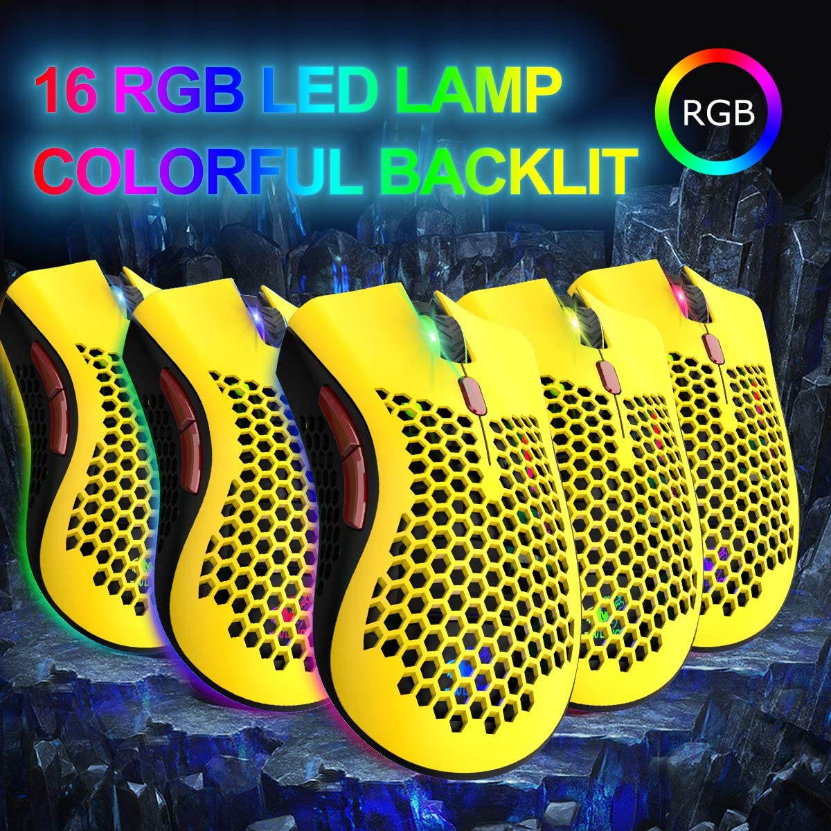 Gaming Mice Wireless Lightweight Gaming Mouse Honeycomb with 7 Button Multi RGB Backlit Perforated Ergonomic Shell Optical Sensor Adjustable DPI Rechargeable 800mAh Battery USB Receiver for PC Laptop