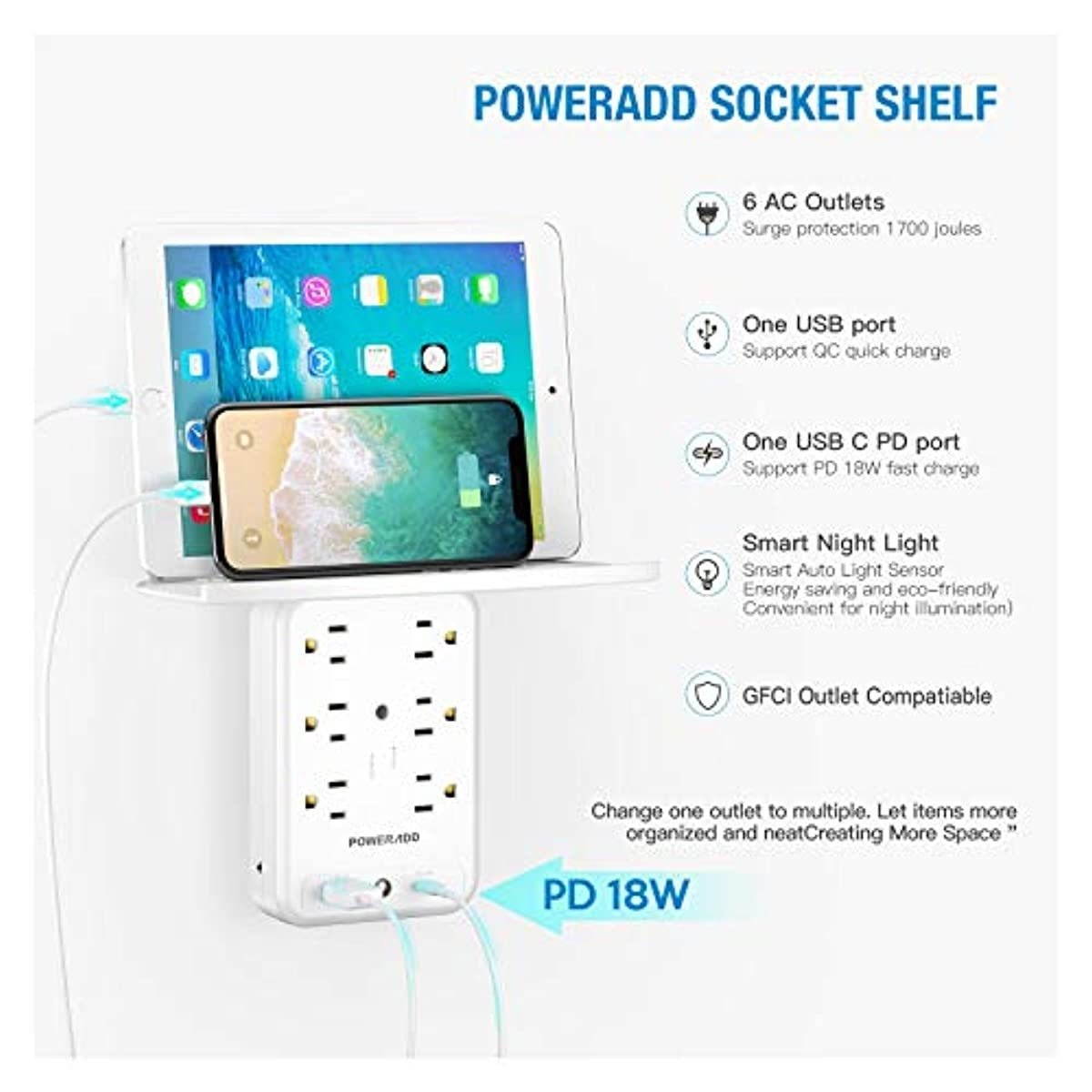 Socket Shelf Wall Outlet, POWERADD 6 Outlet Extender Surge Protector with USB C PD 18W, 1875W 1700J, Multi Plug Outlet with Removable Shelf and Smart Night Light for Bathroom/Home/Dorm