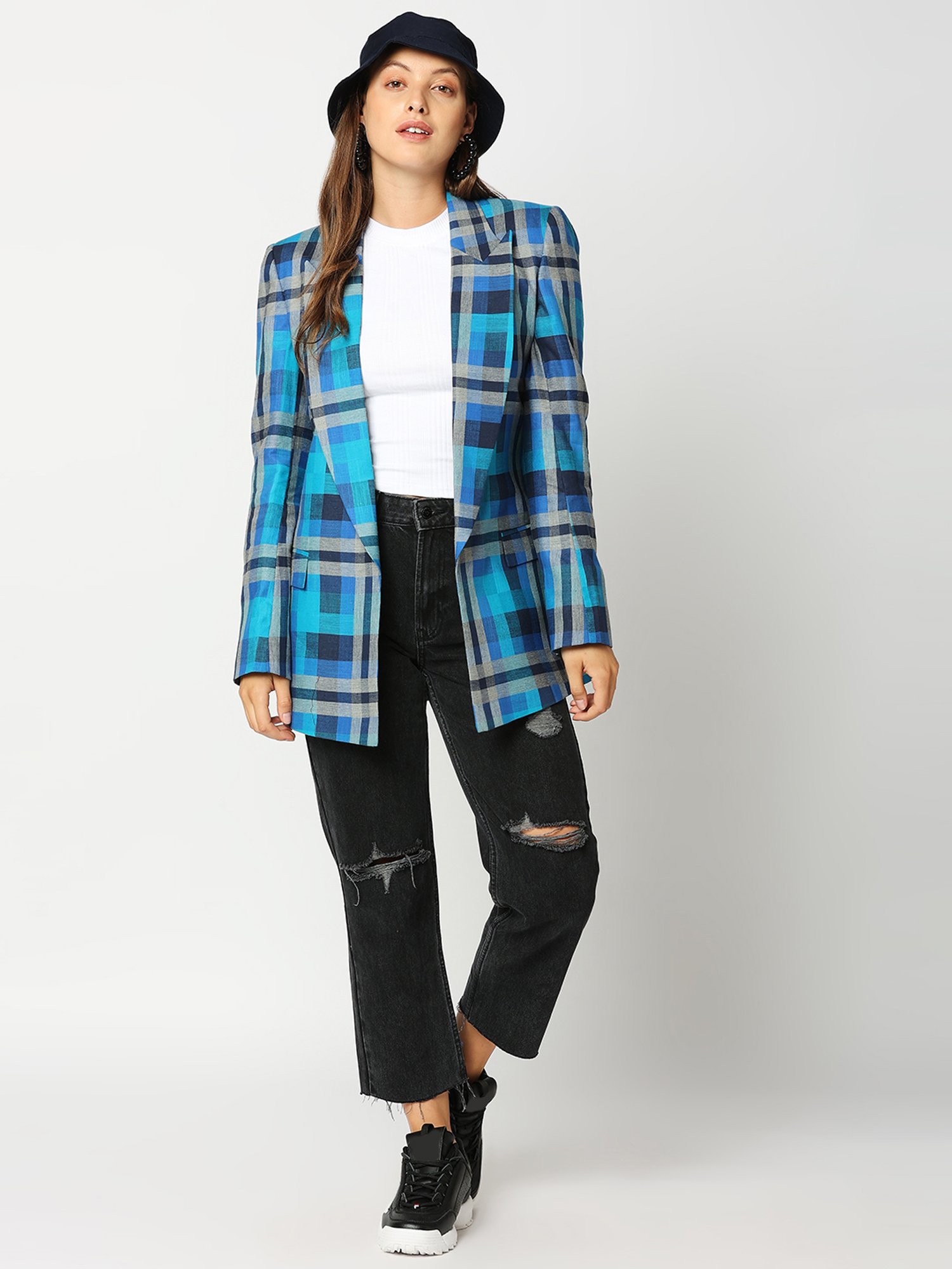 Remanika Blue Pure Cotton Chequered Jacket