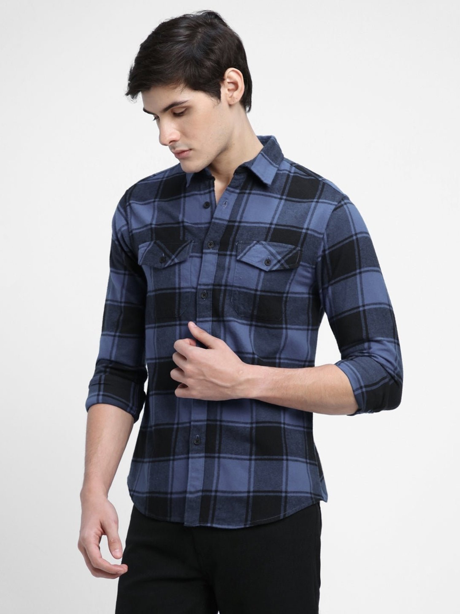 Dennis Lingo Blue Cotton Slim Fit Checks Shirt