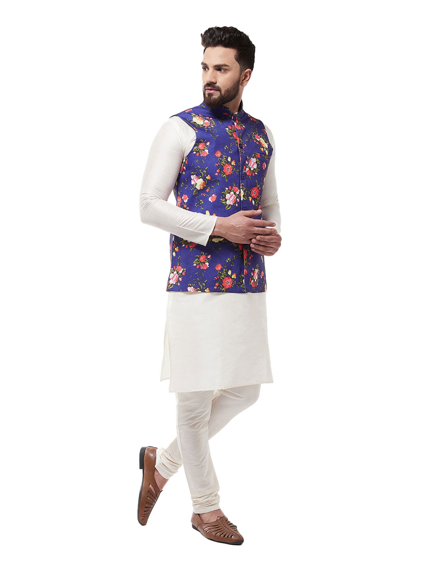 Sojanya Off White & Royal Blue Floral Print Suit
