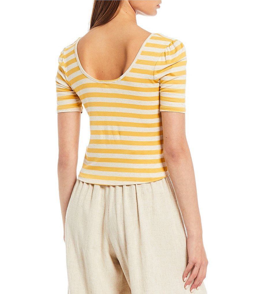 Evolutionary Short-Sleeve Double Scoop-Neck Striped Knit Crop Top