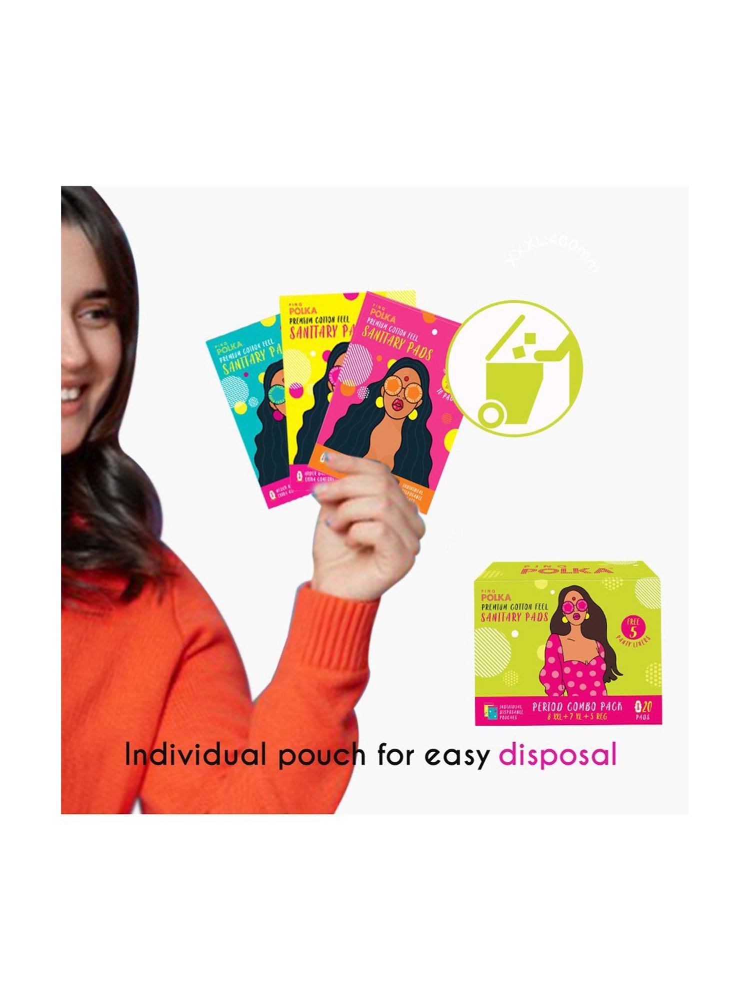 PINQ POLKA Period Combo Pack - Cotton Ultra Sanitary Pads 8 XXL, 7 XL, 5 Regular & 5 Pantyliner