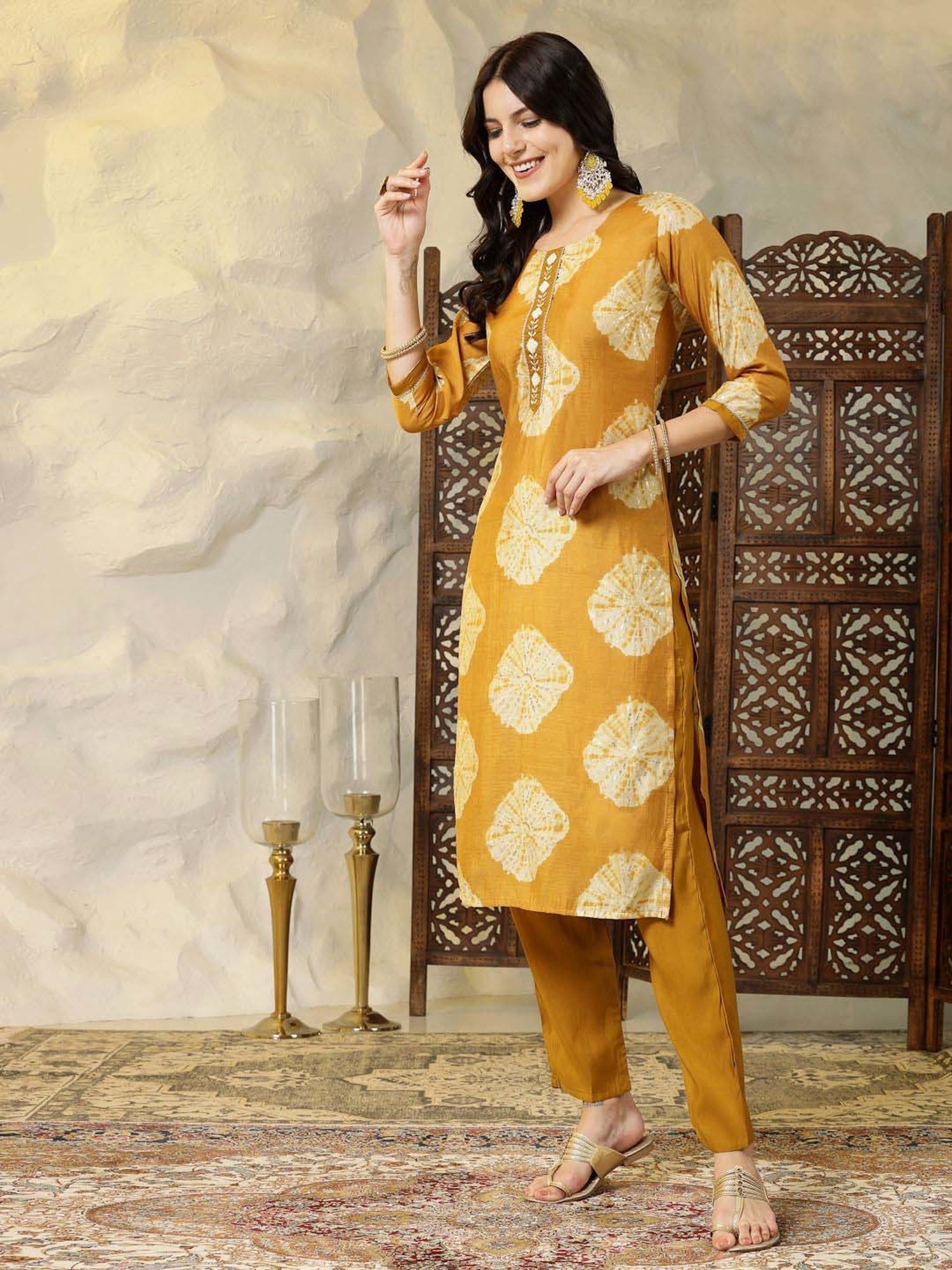 Stylum Mustard Printed Kurta Pant Set With Dupatta