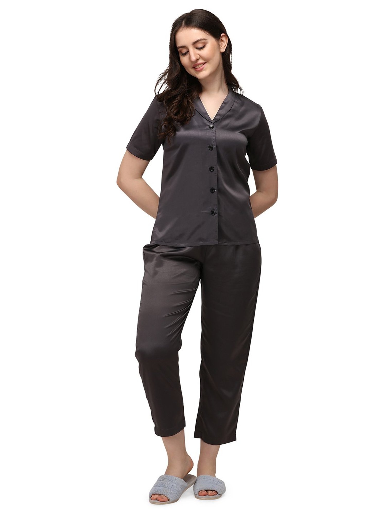 Smarty Pants Dark Grey Satin  Shirt With Pyjamas