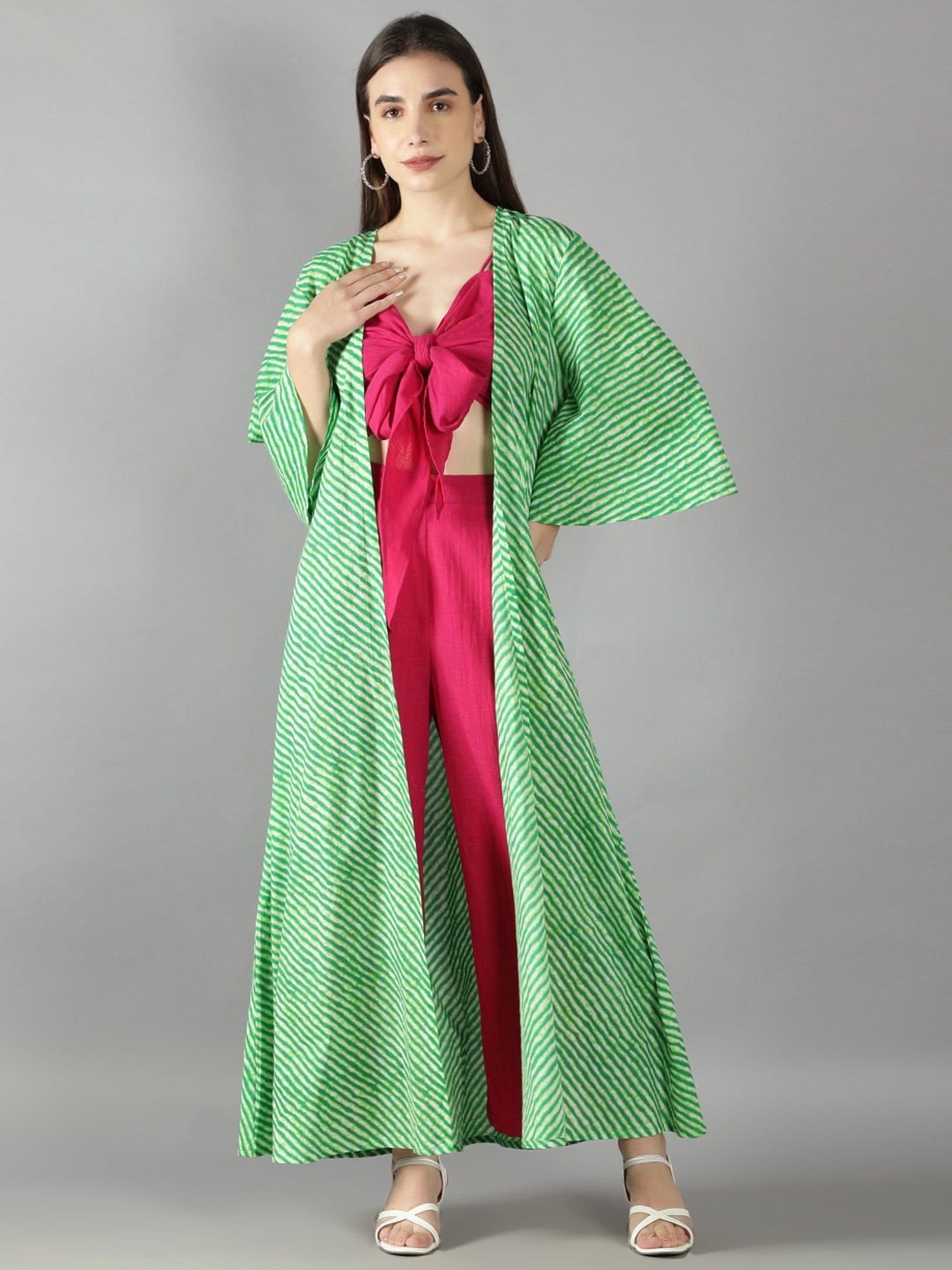KAORI BY SHREYA AGARWAL Pink & Green Cotton Crop Top Palazzo Set With Cape