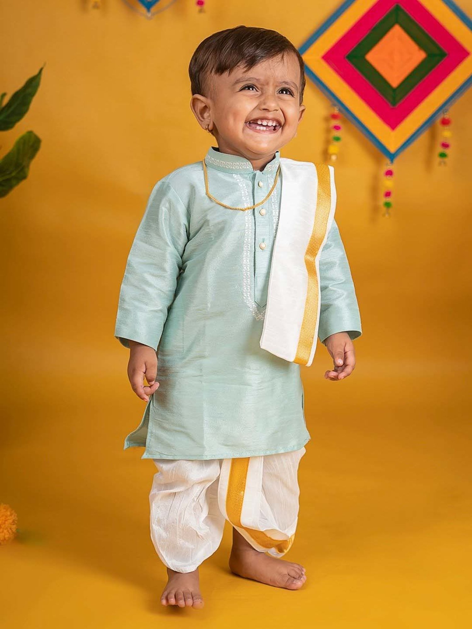 Baby Moo Kids Mint Green & White Regular Fit Full Sleeves Kurta Set