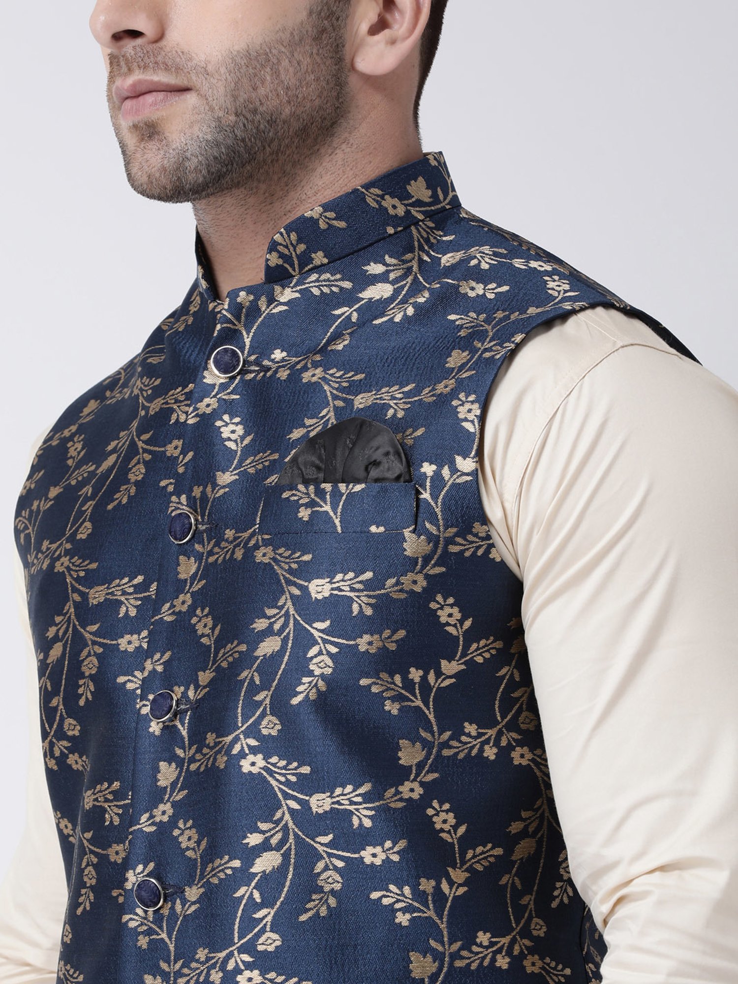 Hangup Plus Navy Regular Fit Jacquard Nehru Jacket