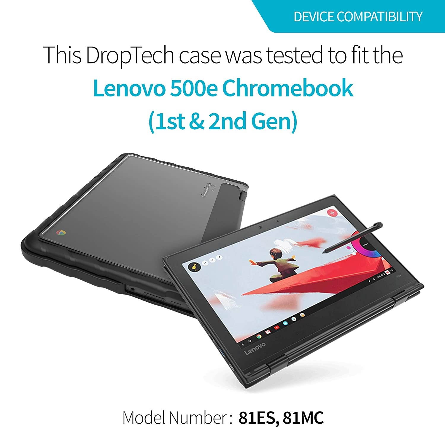 Gumdrop Cases DropTech Protection for Lenovo Chromebook 500e - Black, Rugged, Shock Absorbing, Custom Molded Laptop Cover