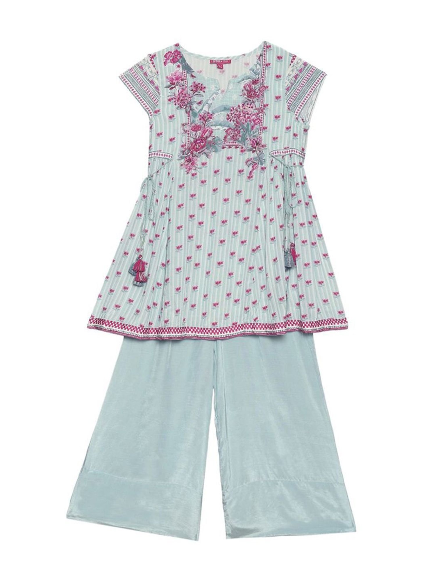 Biba Girls Sea Blue & Pink Floral Print Kurta Set