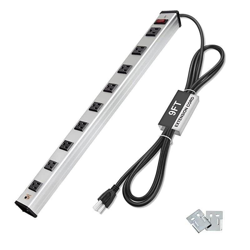 9 Outlet Wide-Spaced Metal Power Strip with 9 Foot Long Extension Cord, 15A/125V/1875W, Heavy Duty Aluminum Alloy Housing, ETL Listed, Silver