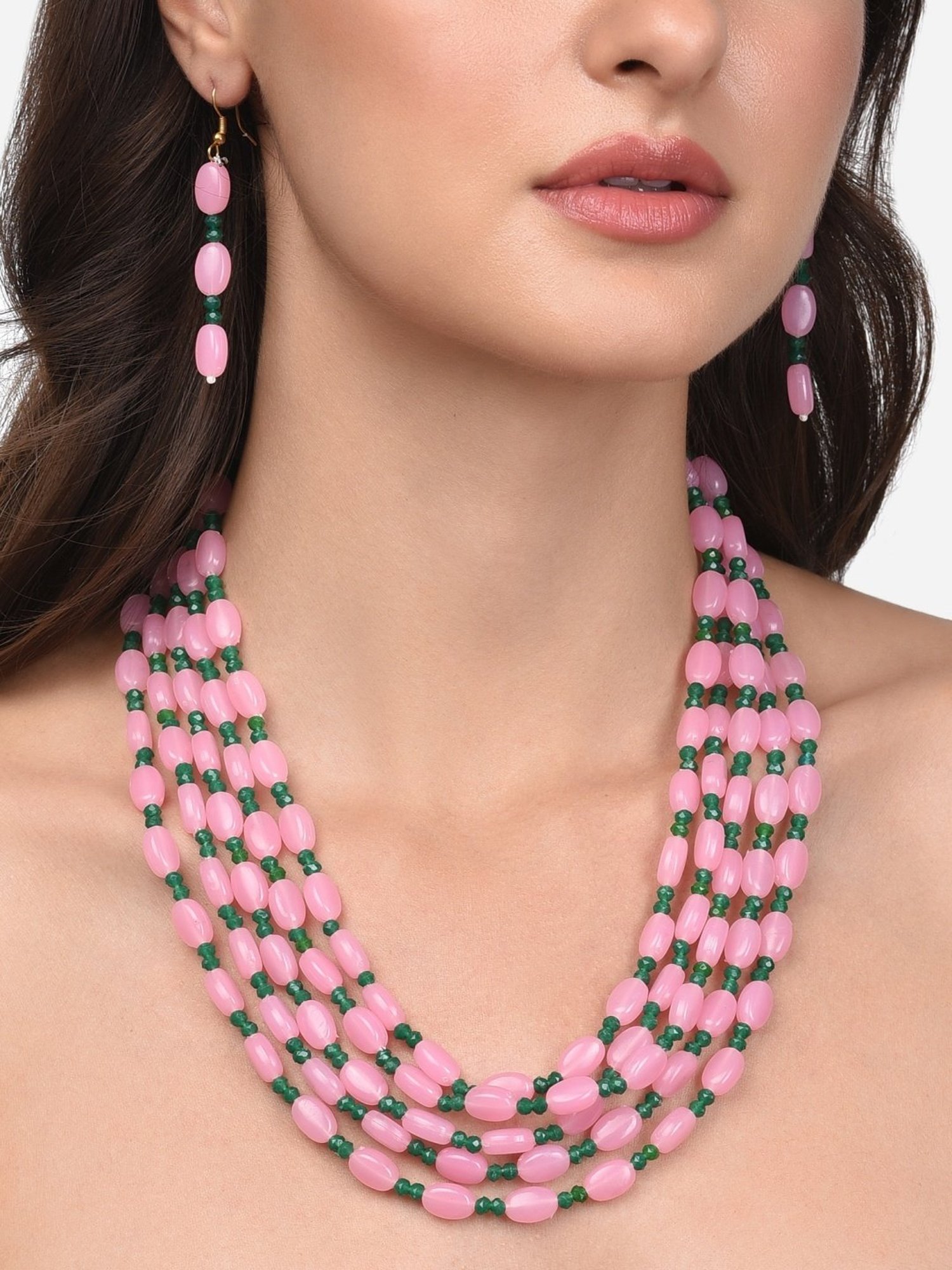 Zaveri Pearls Pink & Green Multi Layers Beaded Necklace & Earring Set
