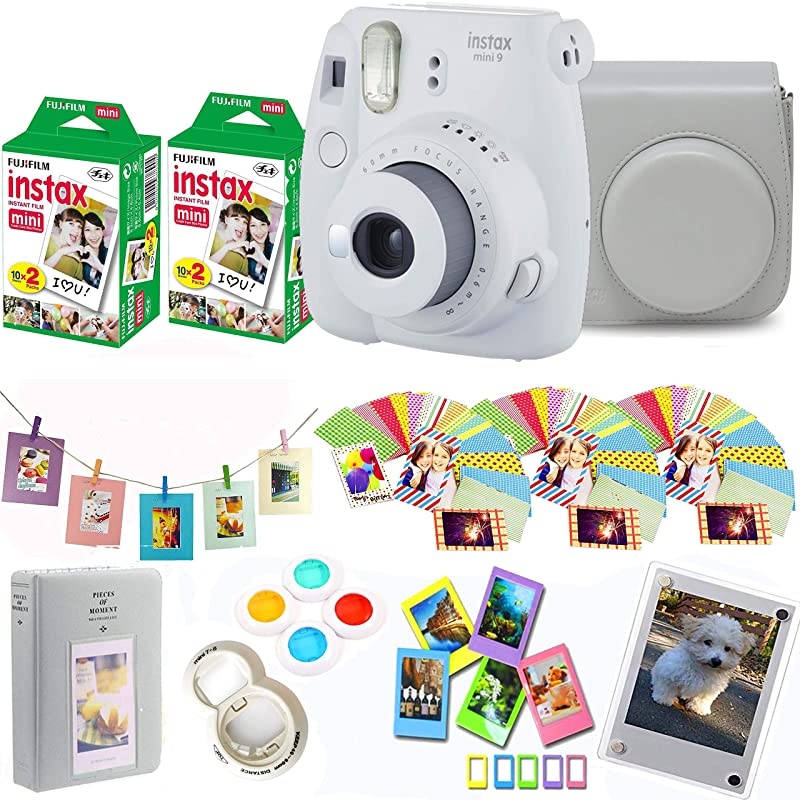Instax Mini 9 Instant Camera + Fuji Instax Film 40 Shots + Protective Case + Magnetic Acrylic Frame + Album Frames Filter Set amp Selfie Lens 90 PC Design Kit Smokey White