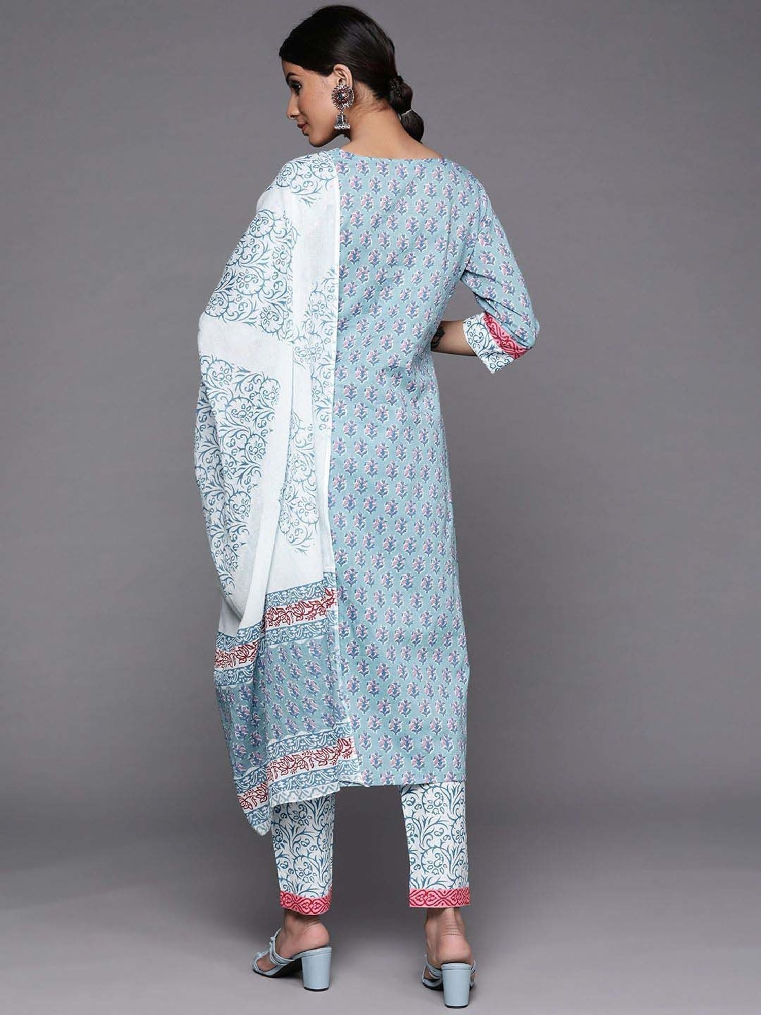 Libas Blue Cotton Printed Kurta Pant Set With Dupatta