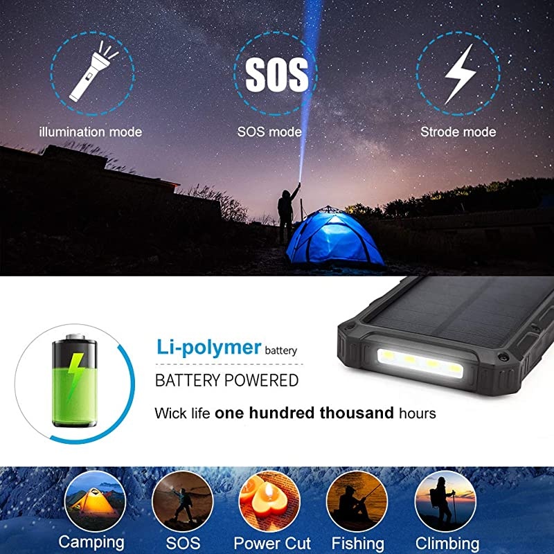 Solar Power Bank 20000mAh -  Qi Wireless Portable Charger Fast Charge with 4 Outputs, USB C Outputs 5V/3A High-Speed - Rainproof Battery Bank for Hiking Camping Outing