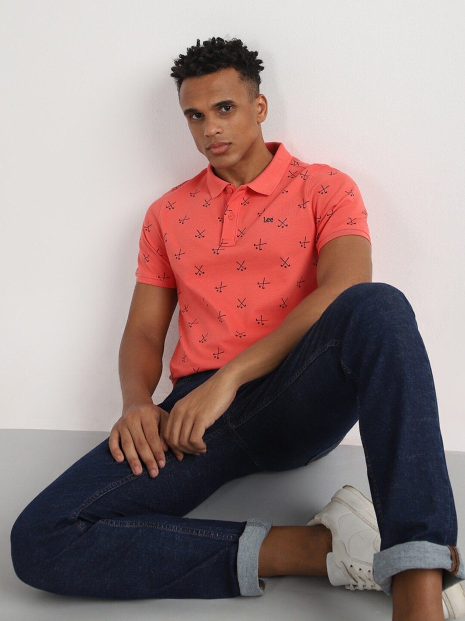 Lee Shiny Pink Cotton Slim Fit Printed Polo T-Shirt