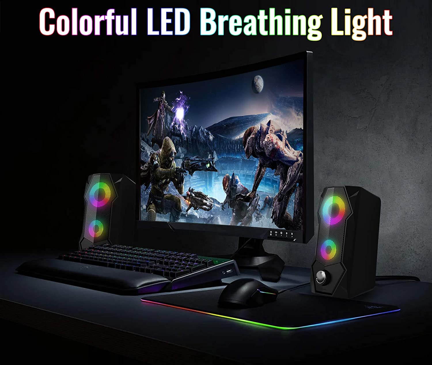 Computer Speakers 10W RGB Gaming PC Speaker with Enhanced Stereo Colorful LED Light, Dual-Channel Multimedia USB Powered Gaming Speakers for PC Desktop Laptop Tablet Smartphones.