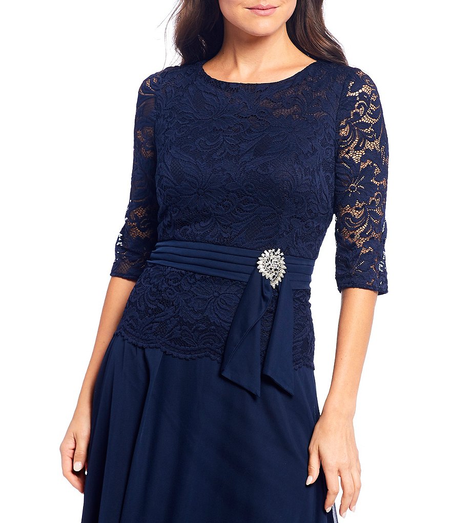 Le Bos Round Neck 3/4 Sleeve Stretch Lace Bodice Ruched Waist With Broach Detail Tea Length Gown