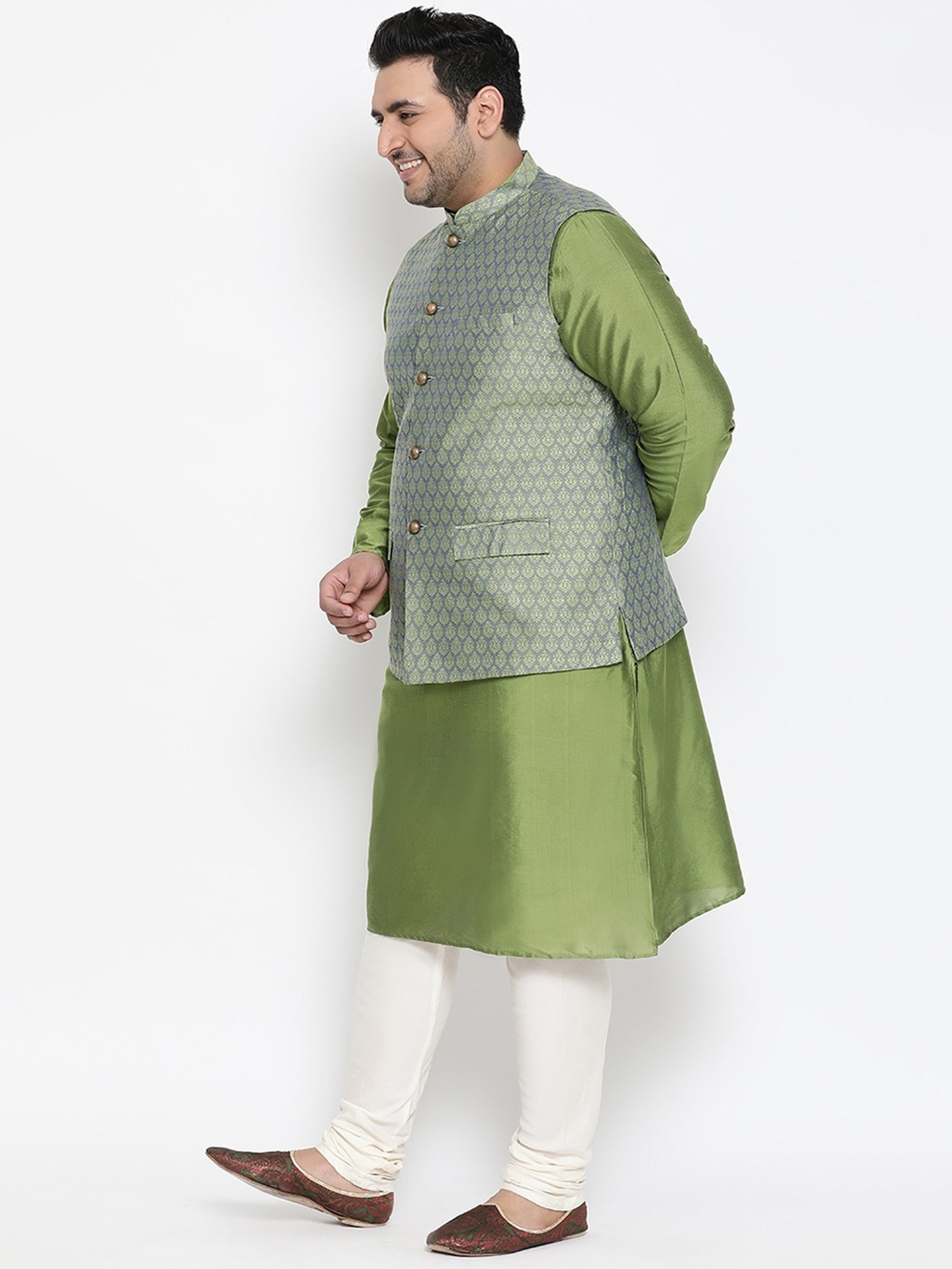 KISAH PLUS Green Regular Fit Jacquard Kurta Set With Jacket