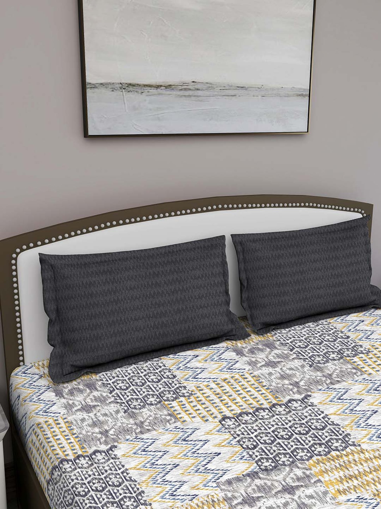 GM Grey & Beige 100% Cotton 180 TC Queen Bedsheet Set