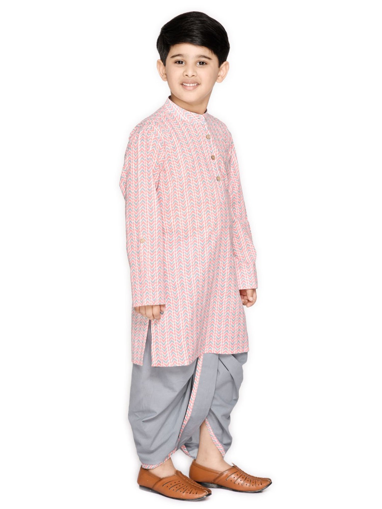 Saka Designs Kids Pink & Grey Striped Full Sleeves Kurta with Dhoti