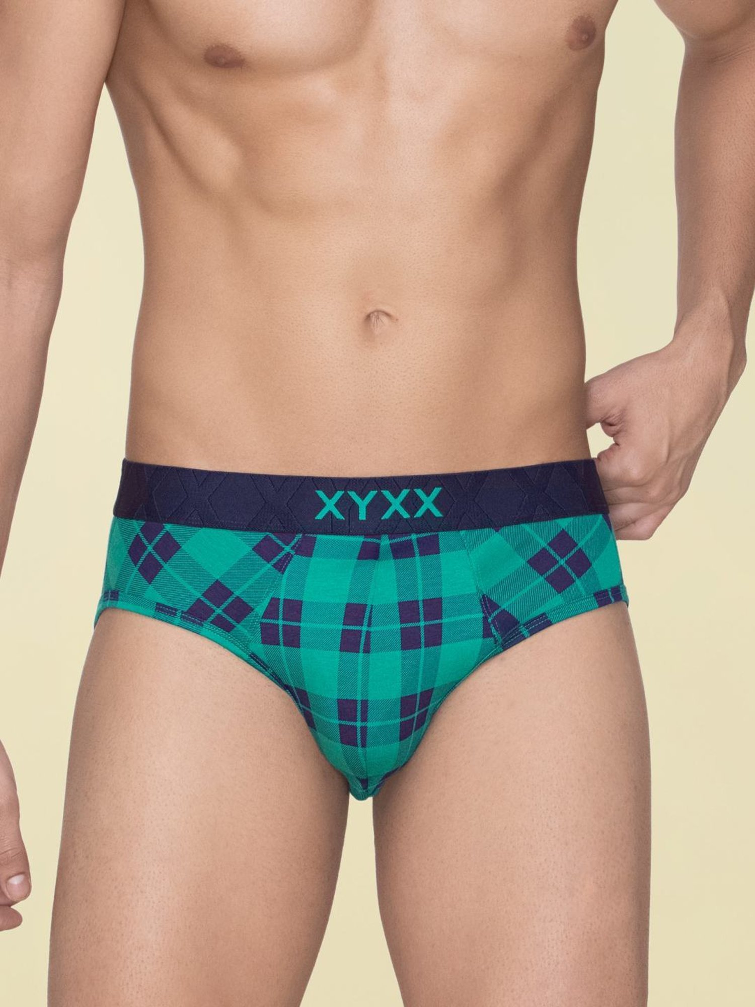 XYXX Charcoal Black & Aqua Green Regular Fit Checks Briefs - Pack Of 2