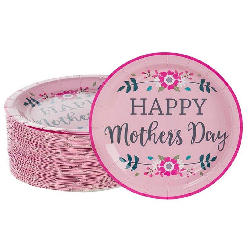 Blue Panda 80 Pack Happy Mothers Day Disposable Paper Plates, Party Supplies (Pink, 7 in)