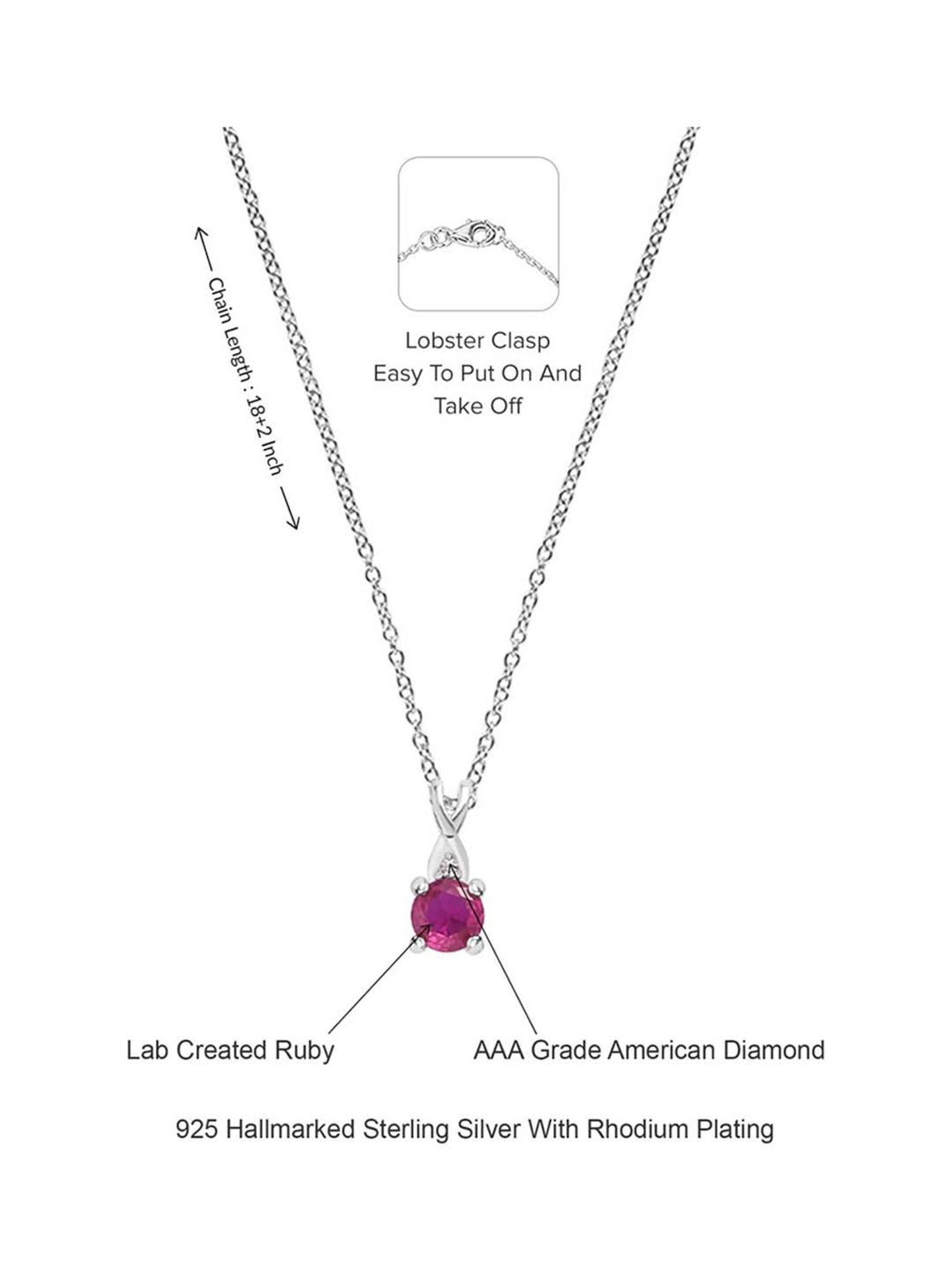Ornate Jewels 925 Silver Red Ruby and American Diamond Solitaire Pendant with 18-inch Chain