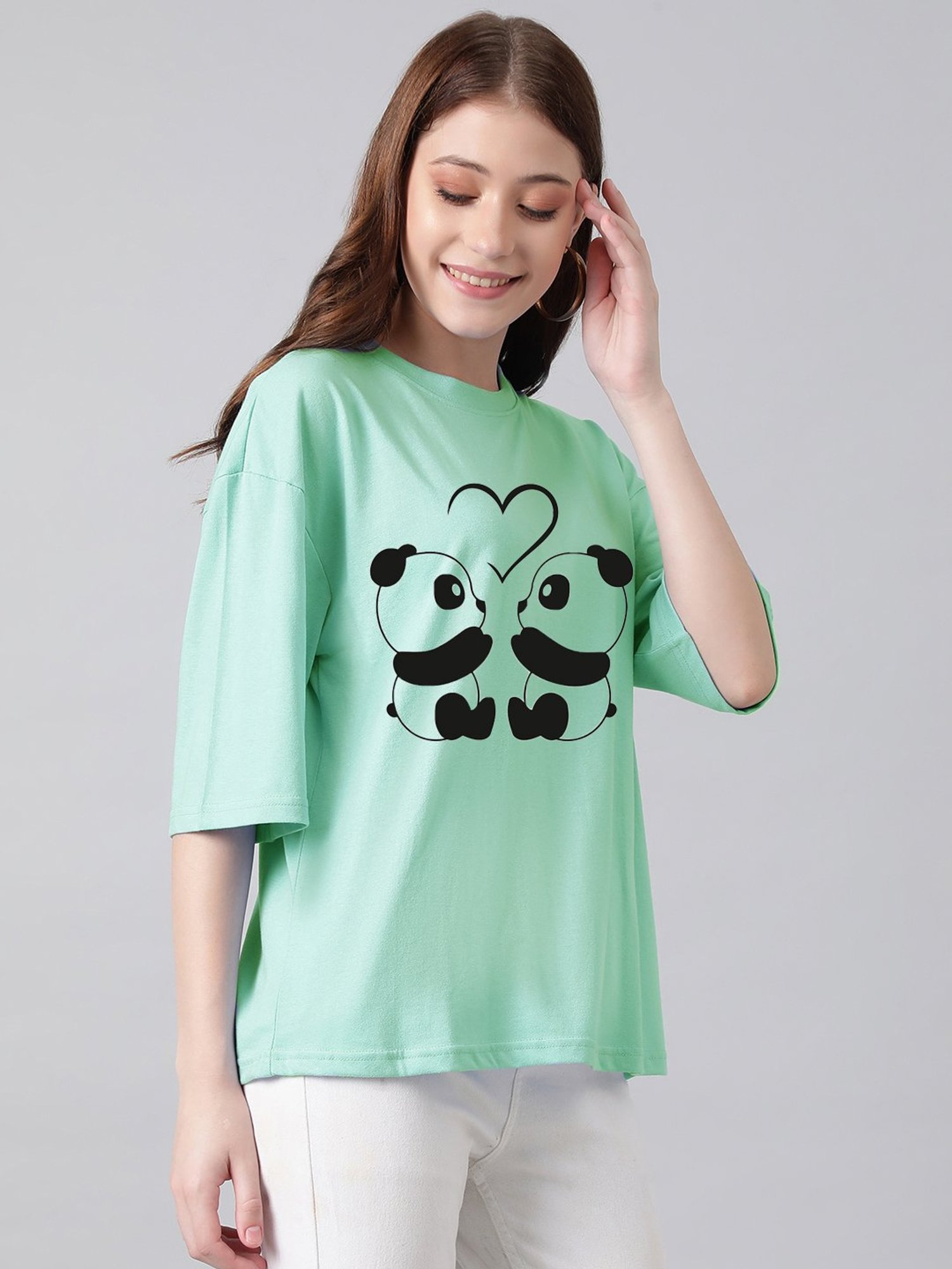 Kotty Light Green Printed Oversized T-Shirt
