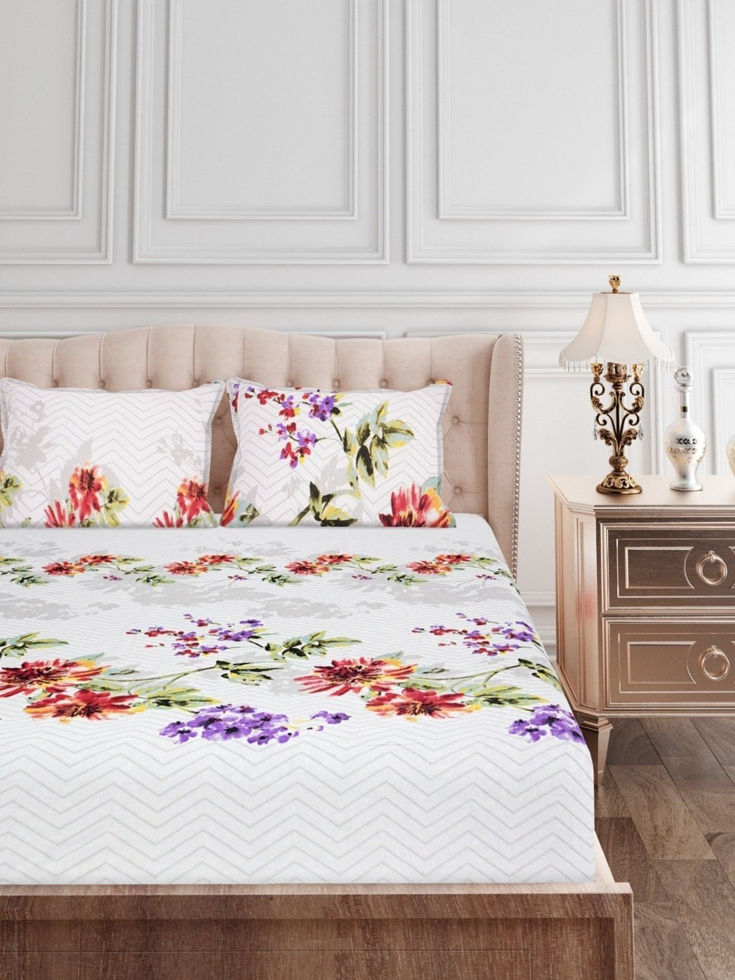 SEJ by Nisha Gupta Floral Purple 160 TC Cotton Double Bed Sheet with 2 Pillow Covers