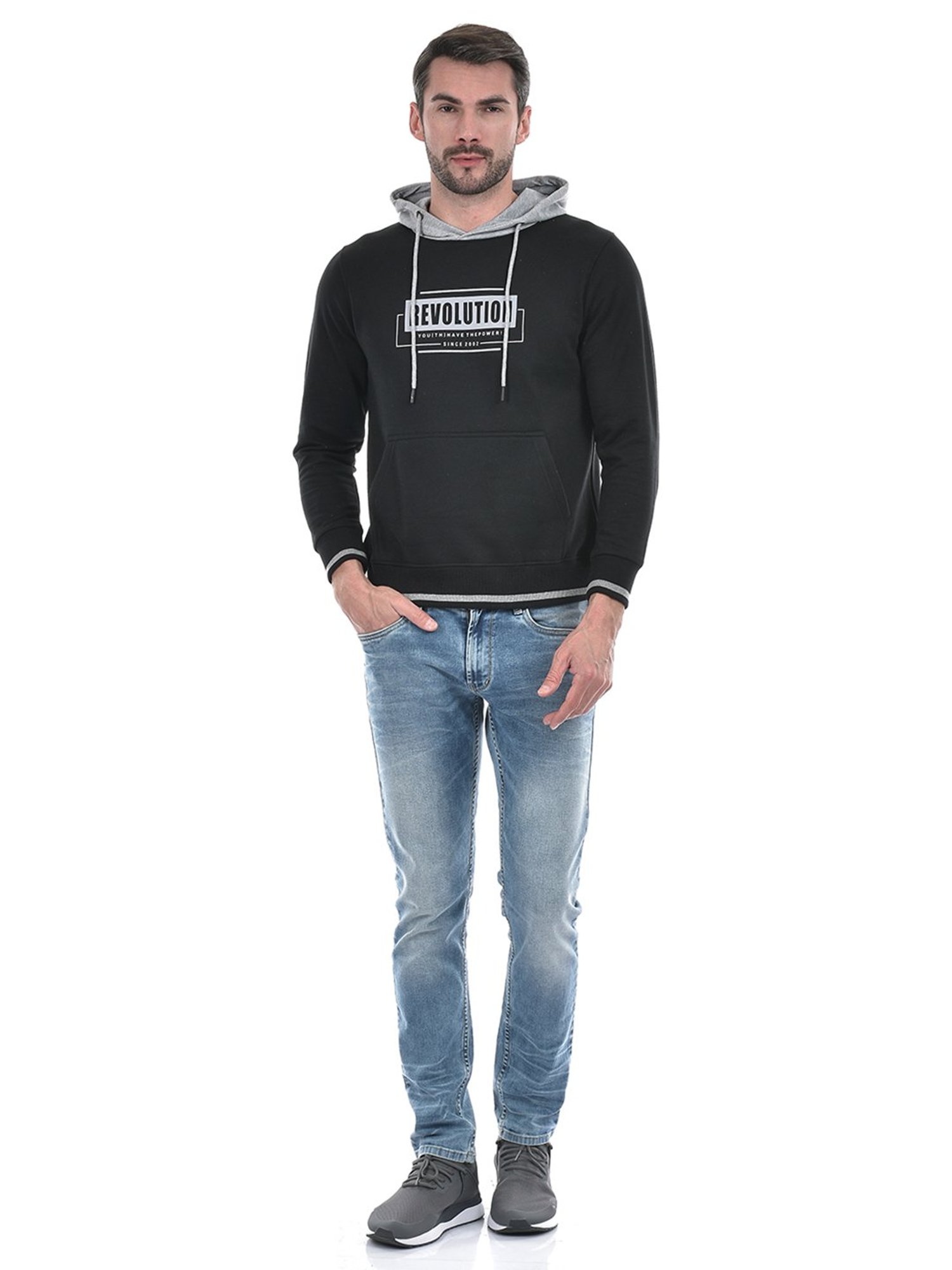 Integriti Black Regular Fit Printed Hooded Sweatshirt