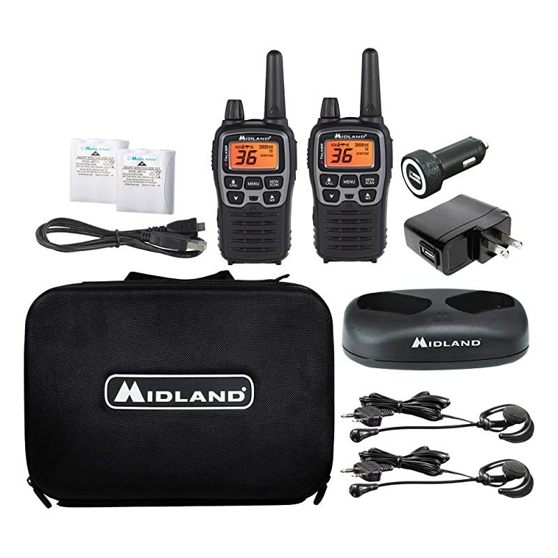 XTALKER T77VP5 36 Channel FRS TwoWay Radio Up to 38 Mile Range Walkie Talkie 121 Privacy Codes and NOAA Weather Scan + Alert Includes a Carrying Case and Headsets BlackSilver